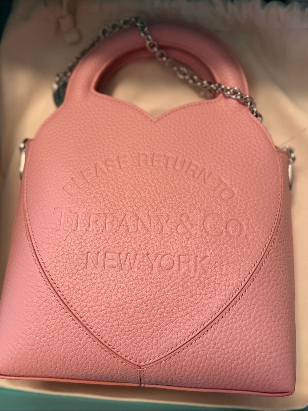Tiffany & Co. Pink Heart-Shaped Pebbled Leather Mini Bag with Chain